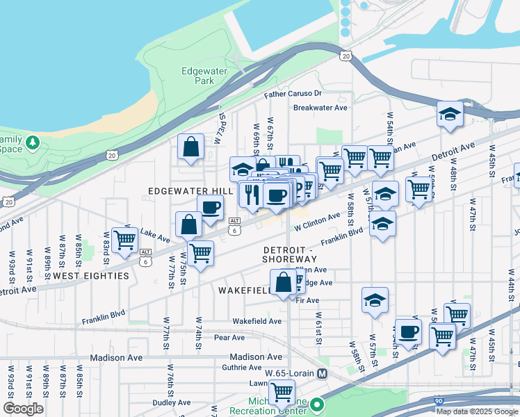 map of restaurants, bars, coffee shops, grocery stores, and more near 1379 West 69th Street in Cleveland