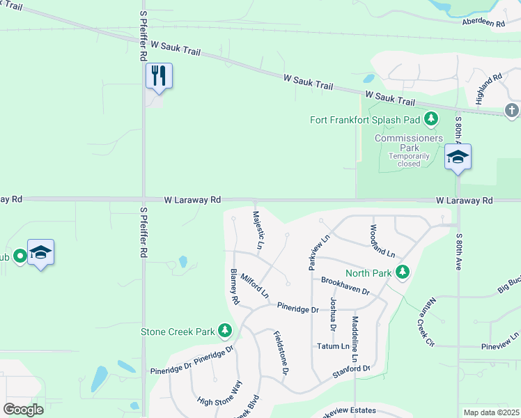 map of restaurants, bars, coffee shops, grocery stores, and more near 22303 Majestic Lane in Frankfort