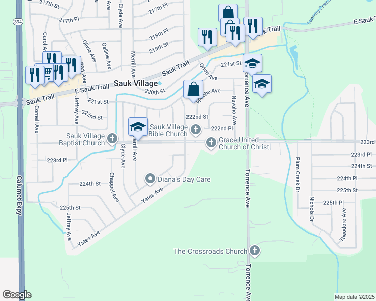 map of restaurants, bars, coffee shops, grocery stores, and more near 2201 223rd Place in Sauk Village