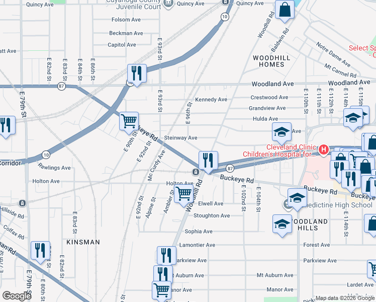 map of restaurants, bars, coffee shops, grocery stores, and more near 9511 Buckeye Road in Cleveland