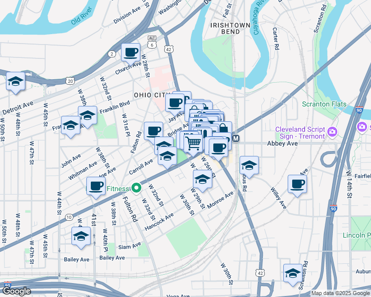 map of restaurants, bars, coffee shops, grocery stores, and more near 1947 West 28th Street in Cleveland