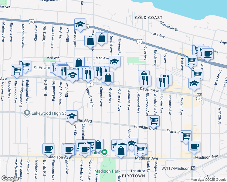map of restaurants, bars, coffee shops, grocery stores, and more near 1419 Grace Avenue in Lakewood