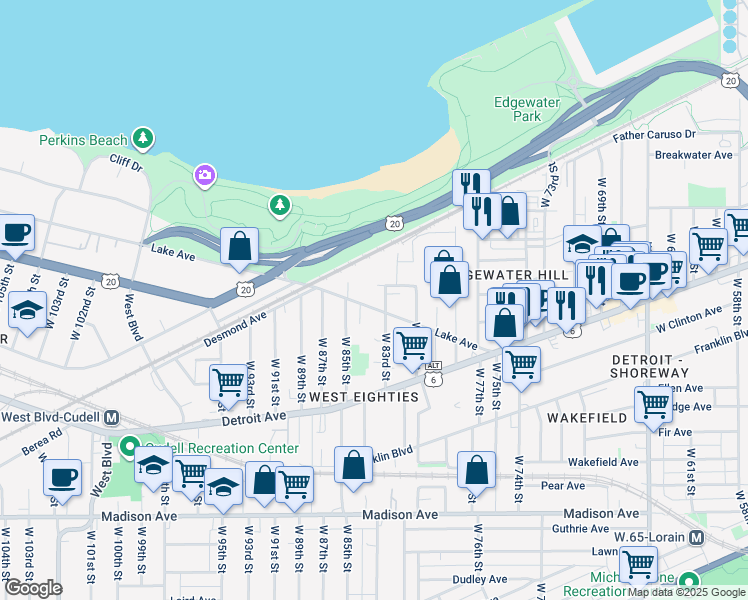 map of restaurants, bars, coffee shops, grocery stores, and more near 8314 Lake Avenue in Cleveland