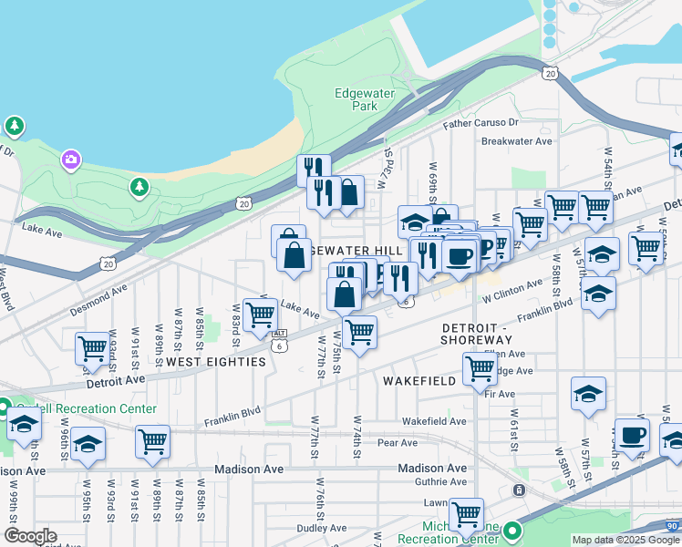 map of restaurants, bars, coffee shops, grocery stores, and more near 7503 Herman Ave in Cleveland