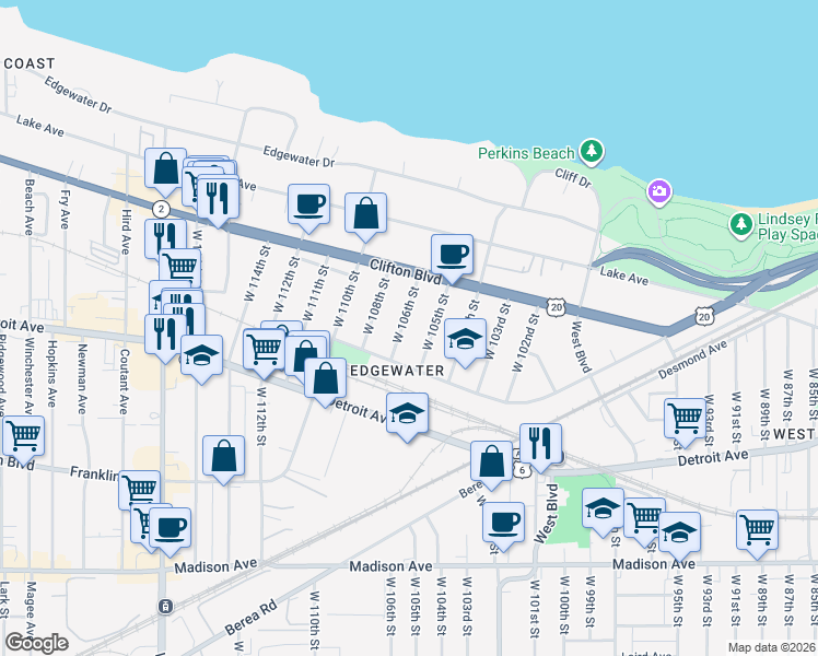 map of restaurants, bars, coffee shops, grocery stores, and more near 1305 West 106th Street in Cleveland