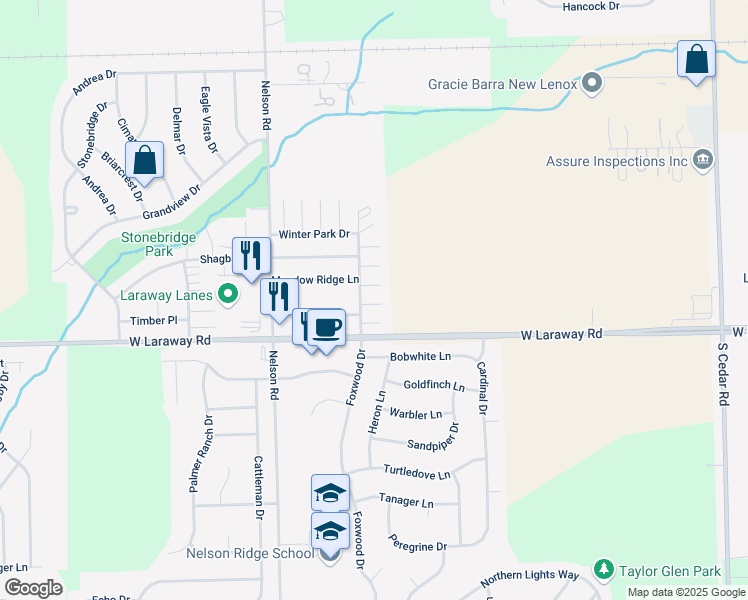 map of restaurants, bars, coffee shops, grocery stores, and more near 1914 Foxwood Drive in New Lenox