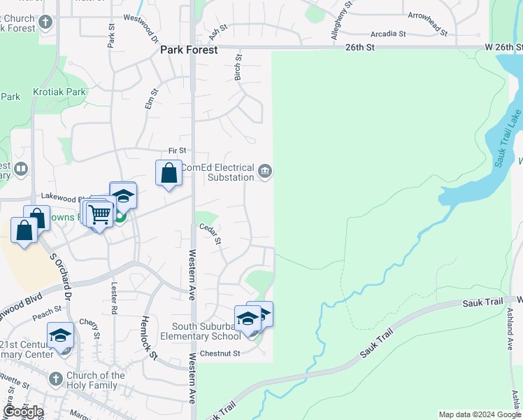 map of restaurants, bars, coffee shops, grocery stores, and more near 183 Dogwood Street in Park Forest