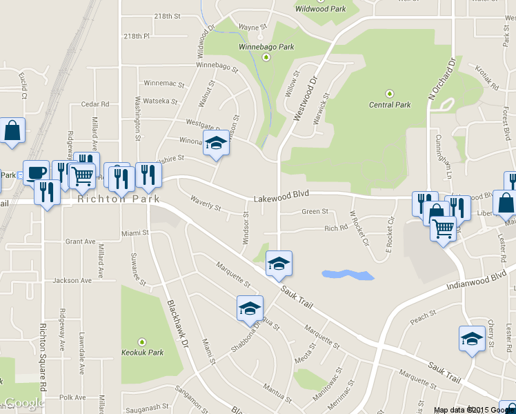 map of restaurants, bars, coffee shops, grocery stores, and more near 4 Lakewood Court in Park Forest