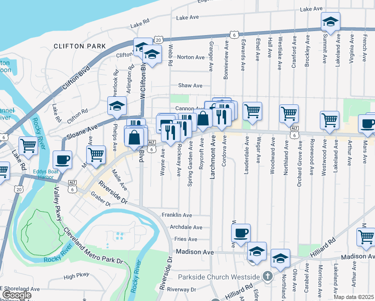 map of restaurants, bars, coffee shops, grocery stores, and more near 1430 Spring Garden Avenue in Lakewood