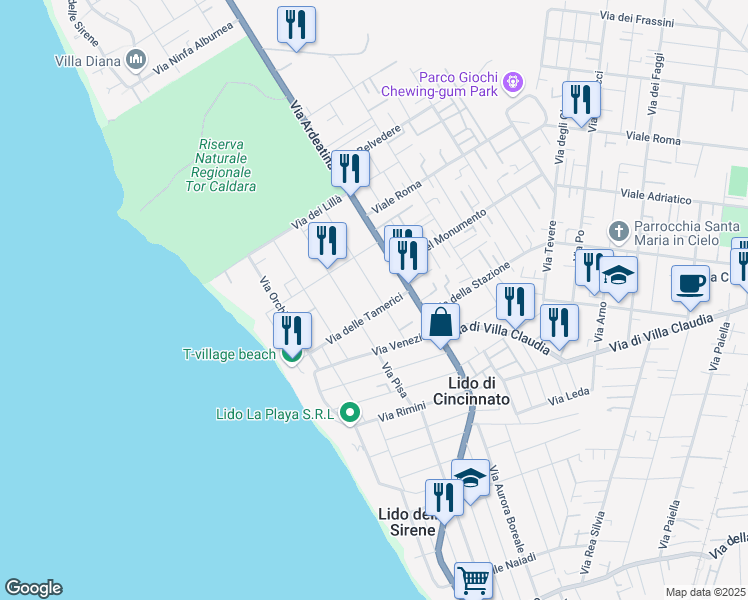 map of restaurants, bars, coffee shops, grocery stores, and more near 27 Via delle Begonie in Anzio