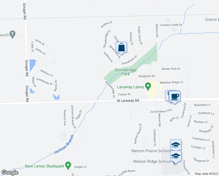 map of restaurants, bars, coffee shops, grocery stores, and more near 1901 Stonebridge Drive in New Lenox