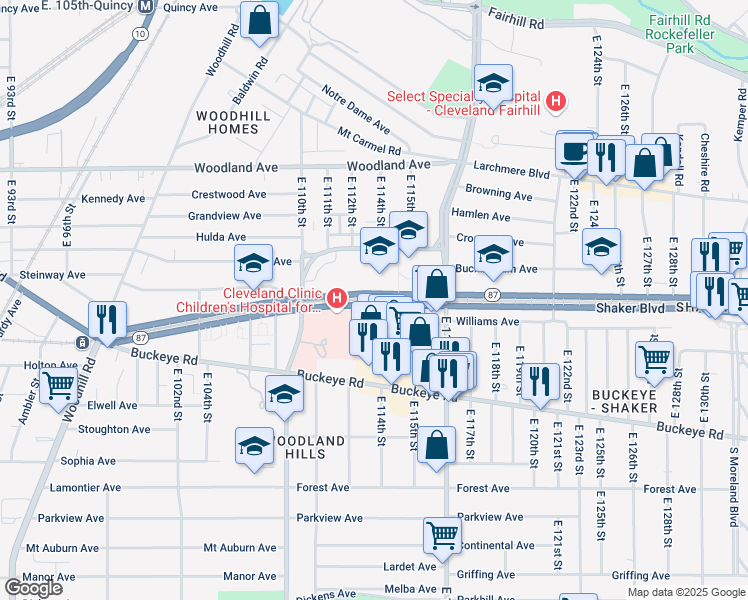 map of restaurants, bars, coffee shops, grocery stores, and more near 2750 East 116th Street in Cleveland