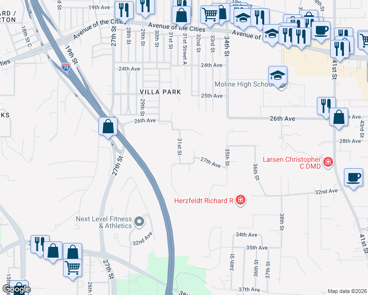 map of restaurants, bars, coffee shops, grocery stores, and more near 2610-2614 31st St in Moline