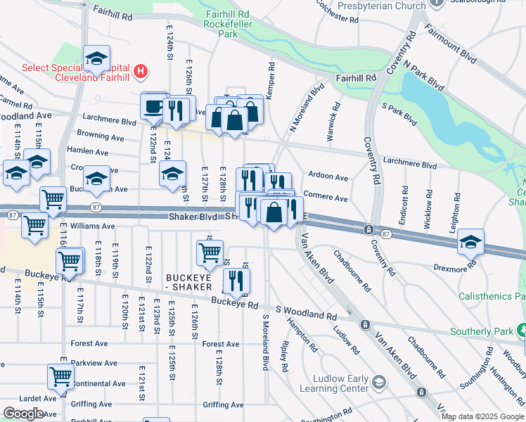 map of restaurants, bars, coffee shops, grocery stores, and more near 13125 Shaker Boulevard in Cleveland