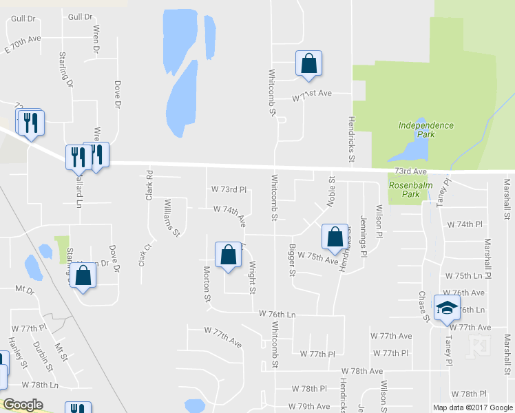 map of restaurants, bars, coffee shops, grocery stores, and more near 7399 Wright St in Merrillville