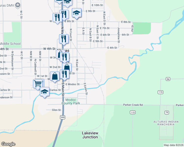 map of restaurants, bars, coffee shops, grocery stores, and more near 2 North East B Street in Alturas