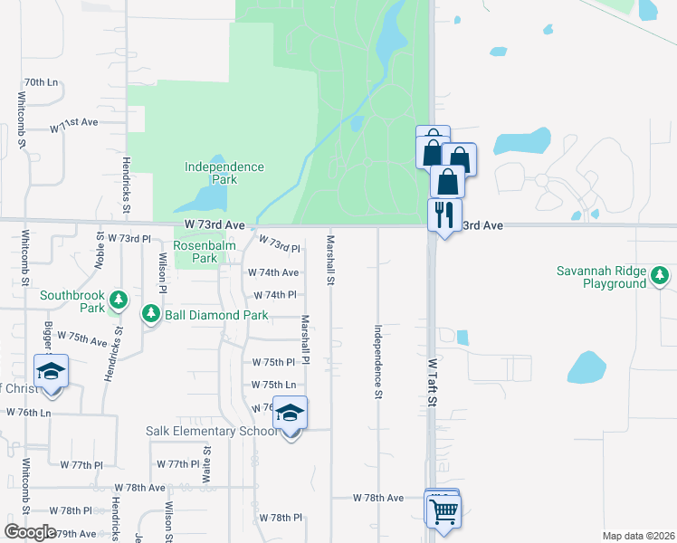 map of restaurants, bars, coffee shops, grocery stores, and more near 7315 Marshall Street in Merrillville