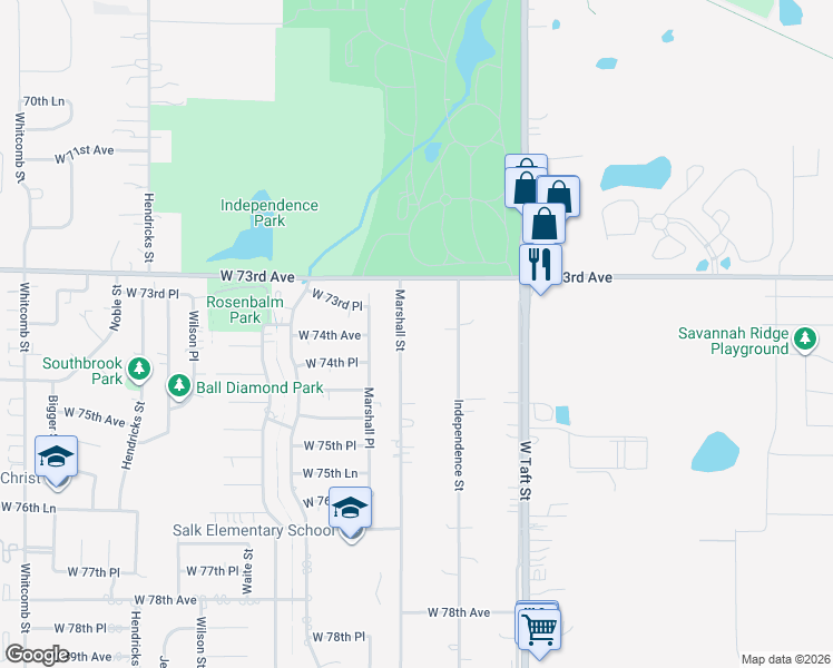 map of restaurants, bars, coffee shops, grocery stores, and more near 7315 Marshall Street in Merrillville