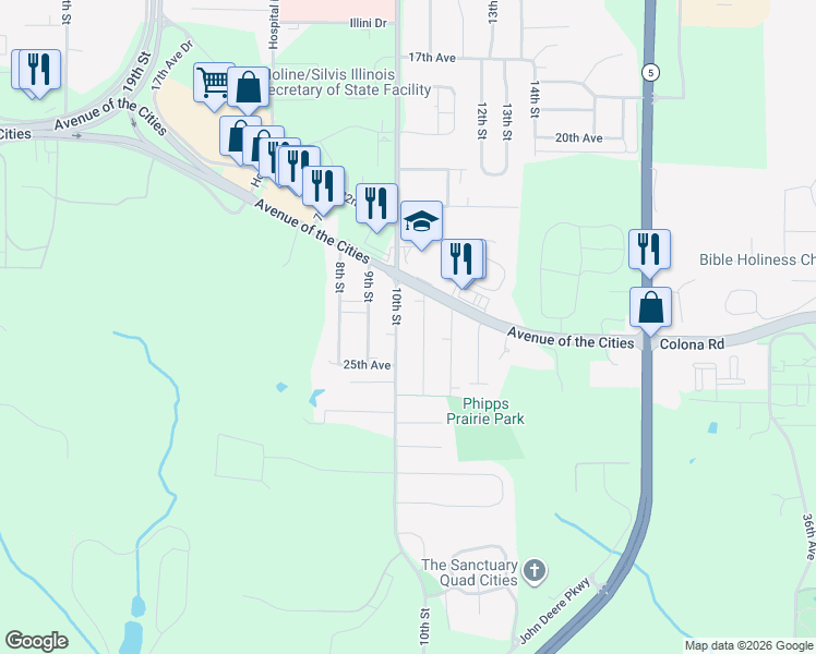 map of restaurants, bars, coffee shops, grocery stores, and more near 2319 10th Street in Silvis