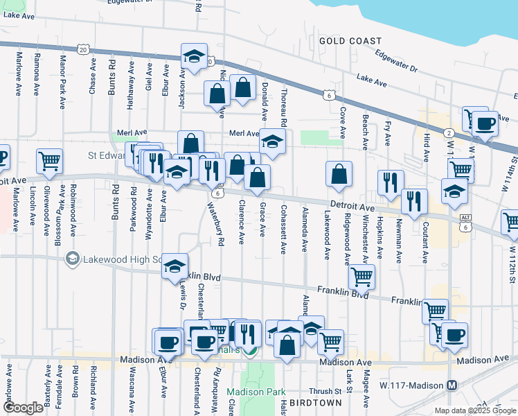 map of restaurants, bars, coffee shops, grocery stores, and more near 1414 Grace Avenue in Lakewood