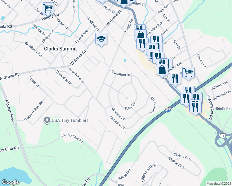 map of restaurants, bars, coffee shops, grocery stores, and more near 502 Tulip Cir in Clarks Summit