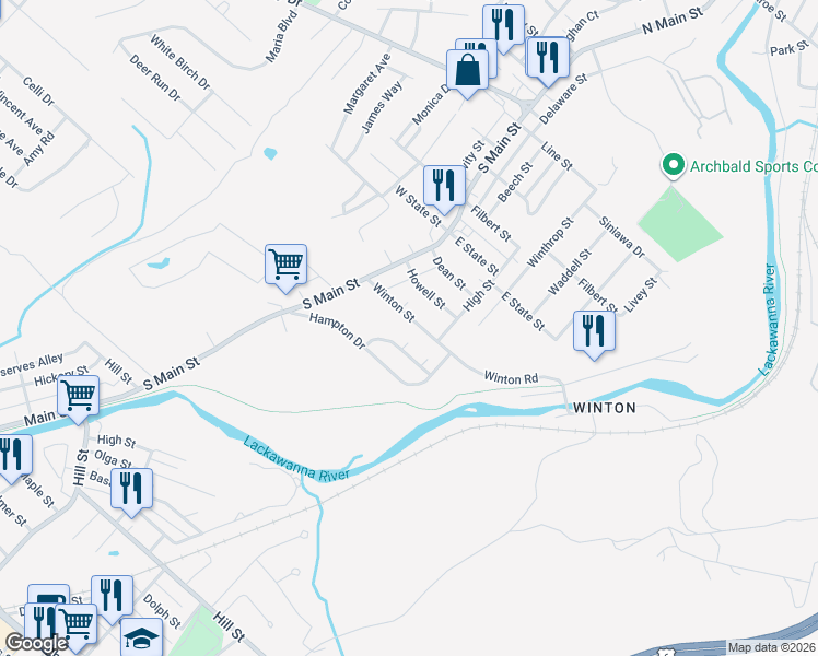 map of restaurants, bars, coffee shops, grocery stores, and more near 1340 Winton Street in Archbald