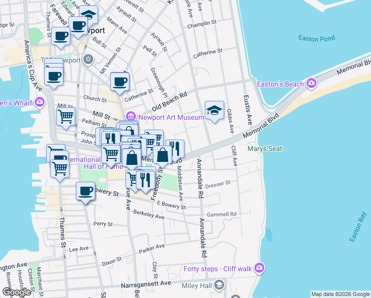 map of restaurants, bars, coffee shops, grocery stores, and more near 50 Memorial Boulevard in Newport