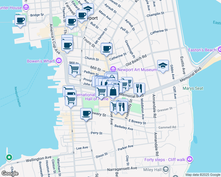 map of restaurants, bars, coffee shops, grocery stores, and more near 152 Bellevue Avenue in Newport