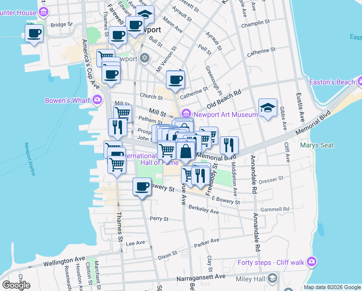 map of restaurants, bars, coffee shops, grocery stores, and more near 152 Bellevue Avenue in Newport