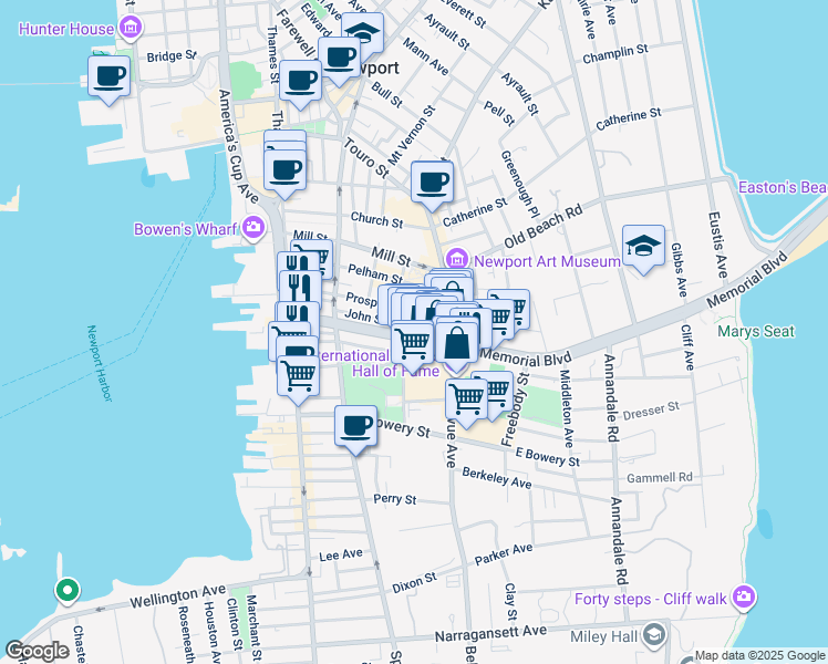 map of restaurants, bars, coffee shops, grocery stores, and more near 83 John Street in Newport