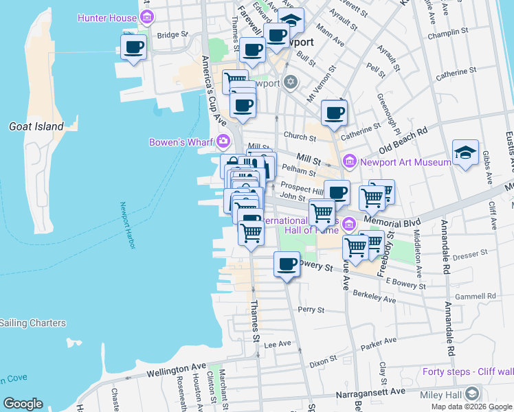 map of restaurants, bars, coffee shops, grocery stores, and more near in Newport