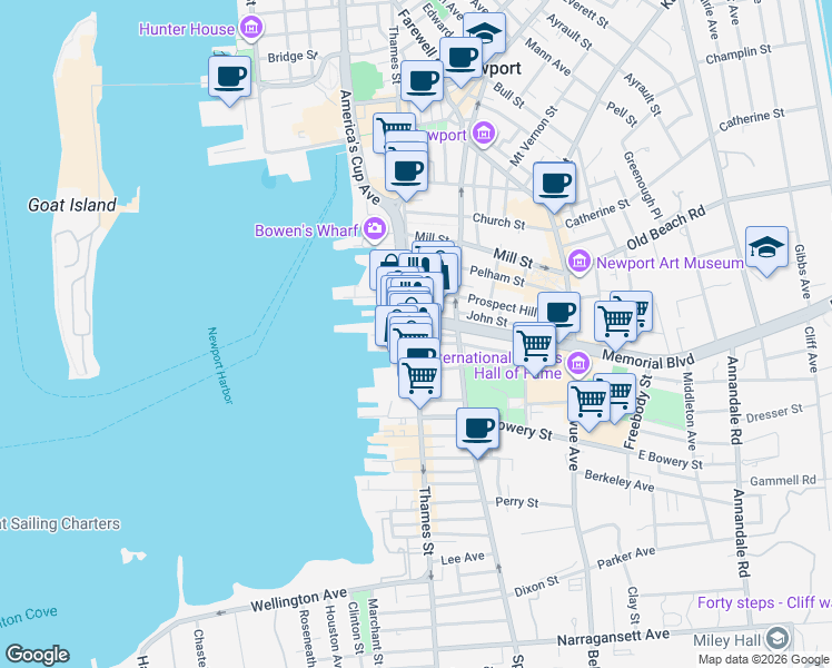 map of restaurants, bars, coffee shops, grocery stores, and more near in Newport