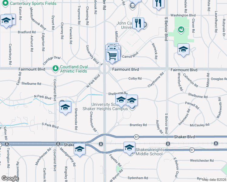 map of restaurants, bars, coffee shops, grocery stores, and more near 20551 Shelburne Road in Shaker Heights
