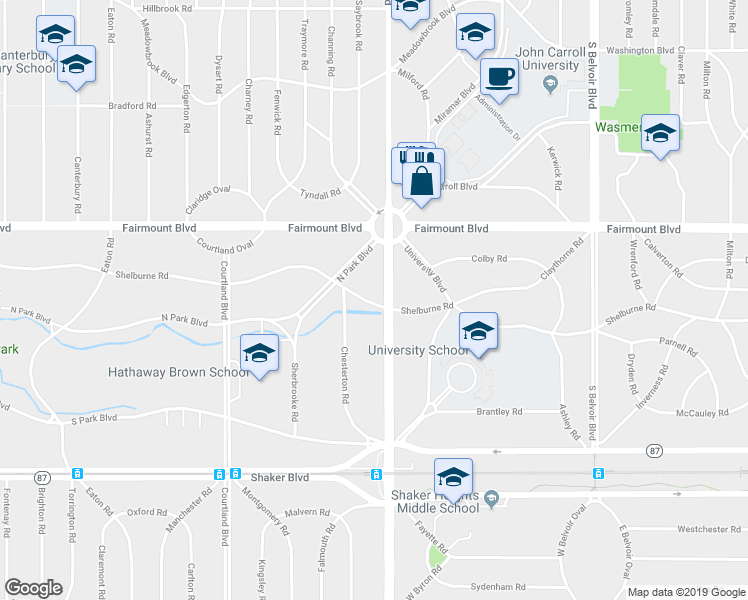 map of restaurants, bars, coffee shops, grocery stores, and more near 20301 Shelburne Road in Shaker Heights