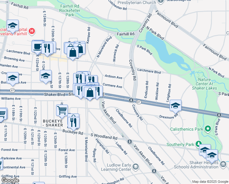 map of restaurants, bars, coffee shops, grocery stores, and more near 13705 Shaker Boulevard in Cleveland