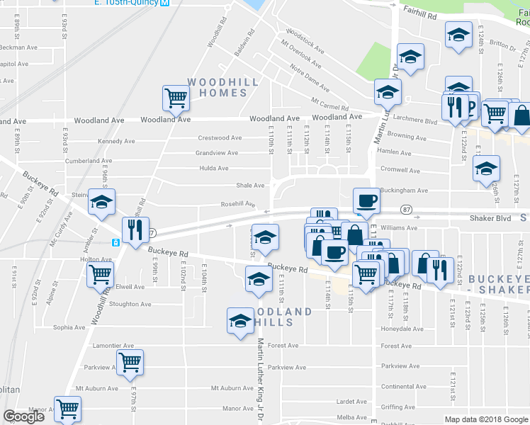 map of restaurants, bars, coffee shops, grocery stores, and more near 10955 Shaker Boulevard in Cleveland