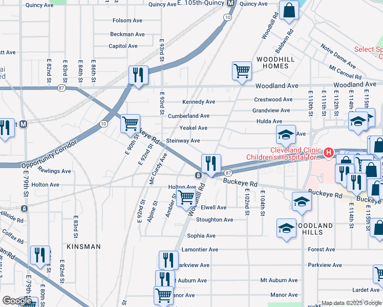 map of restaurants, bars, coffee shops, grocery stores, and more near 9415 Buckeye Road in Cleveland