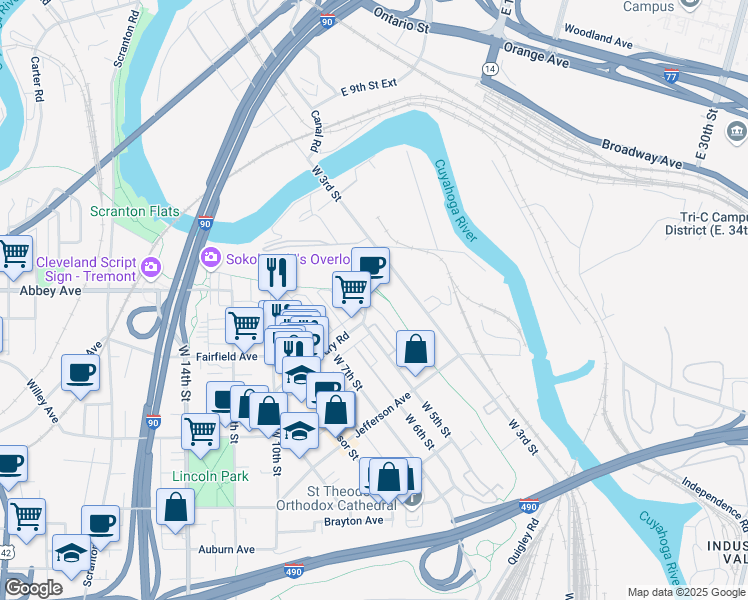 map of restaurants, bars, coffee shops, grocery stores, and more near 2175 West 5th Street in Cleveland