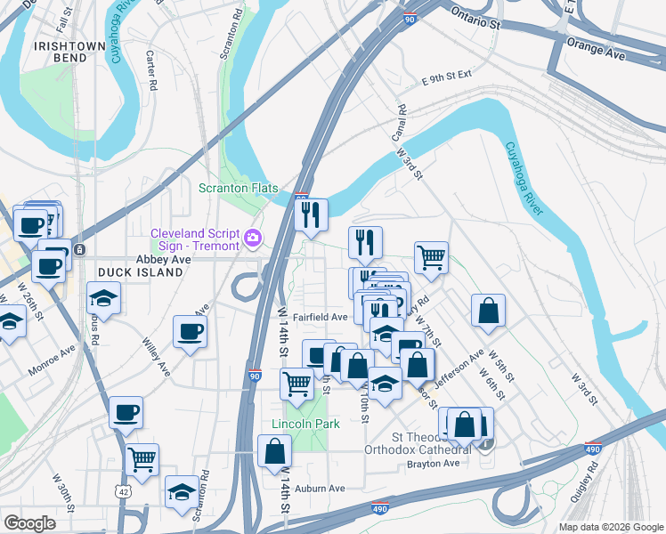 map of restaurants, bars, coffee shops, grocery stores, and more near 1019 Pelton Court in Cleveland
