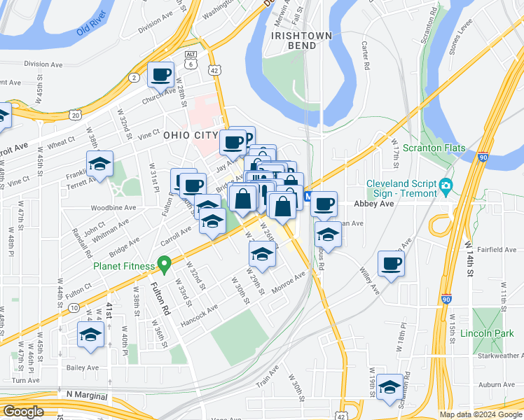 map of restaurants, bars, coffee shops, grocery stores, and more near in Cleveland