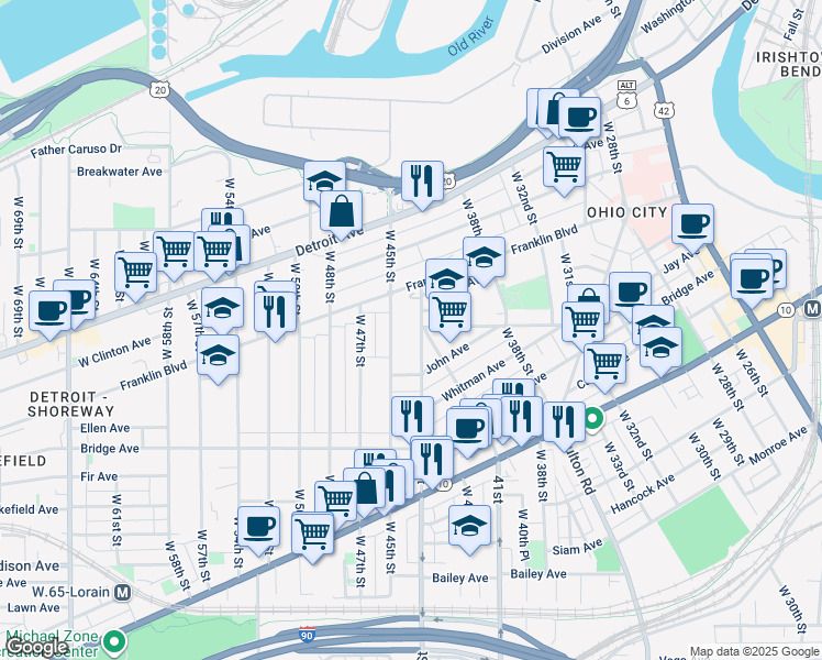 map of restaurants, bars, coffee shops, grocery stores, and more near 1826 West 44th Street in Cleveland