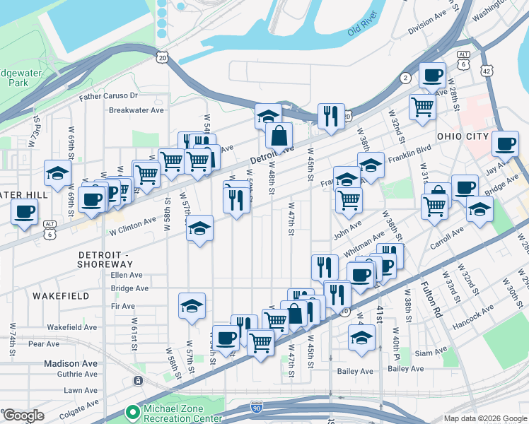 map of restaurants, bars, coffee shops, grocery stores, and more near 1767 West 48th Street in Cleveland