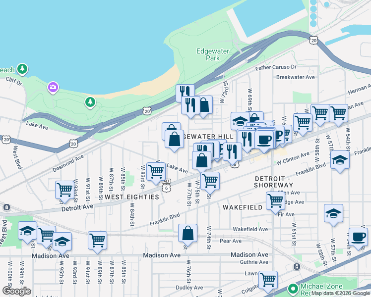 map of restaurants, bars, coffee shops, grocery stores, and more near 1334 West 76th Street in Cleveland