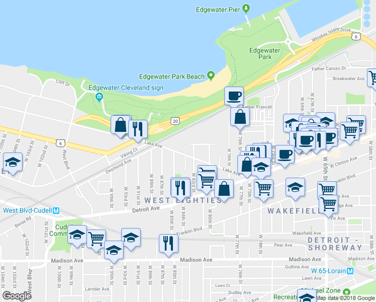 map of restaurants, bars, coffee shops, grocery stores, and more near 8318 Lake Avenue in Cleveland