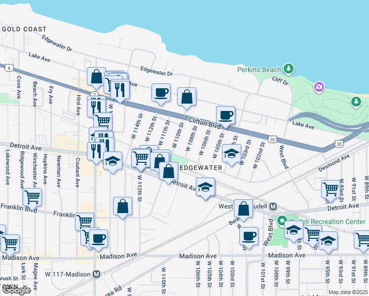 map of restaurants, bars, coffee shops, grocery stores, and more near 1315 West 108th Street in Cleveland