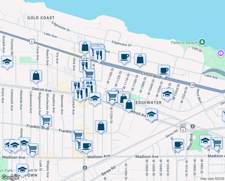 map of restaurants, bars, coffee shops, grocery stores, and more near 1346 West 112th Street in Cleveland