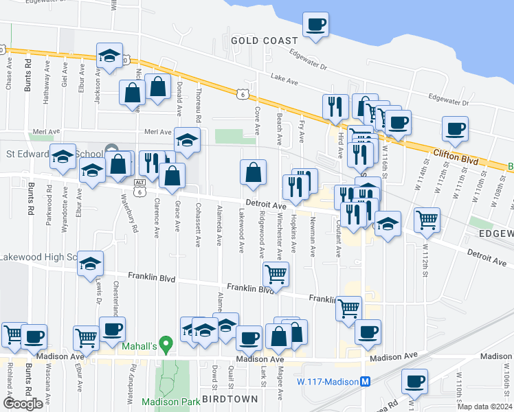 map of restaurants, bars, coffee shops, grocery stores, and more near 12503 Detroit Avenue in Lakewood