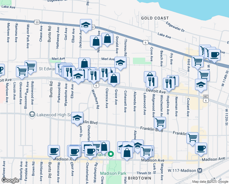 map of restaurants, bars, coffee shops, grocery stores, and more near 1419 Grace Avenue in Lakewood
