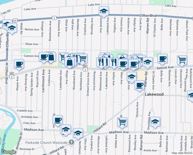 map of restaurants, bars, coffee shops, grocery stores, and more near 1436 Rosewood Avenue in Lakewood
