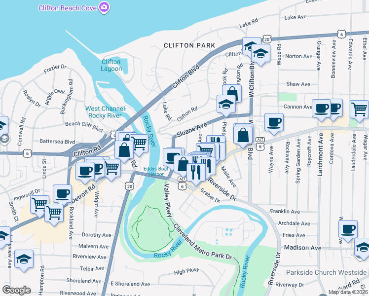 map of restaurants, bars, coffee shops, grocery stores, and more near 1319 Edanola Avenue in Lakewood